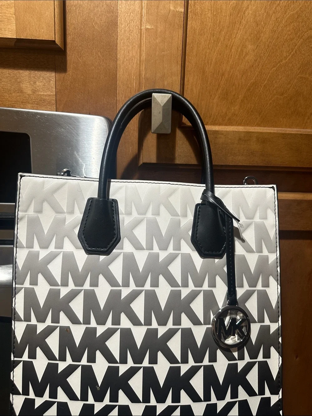 Michael Kors Black & White MK Logo Tote with Charm